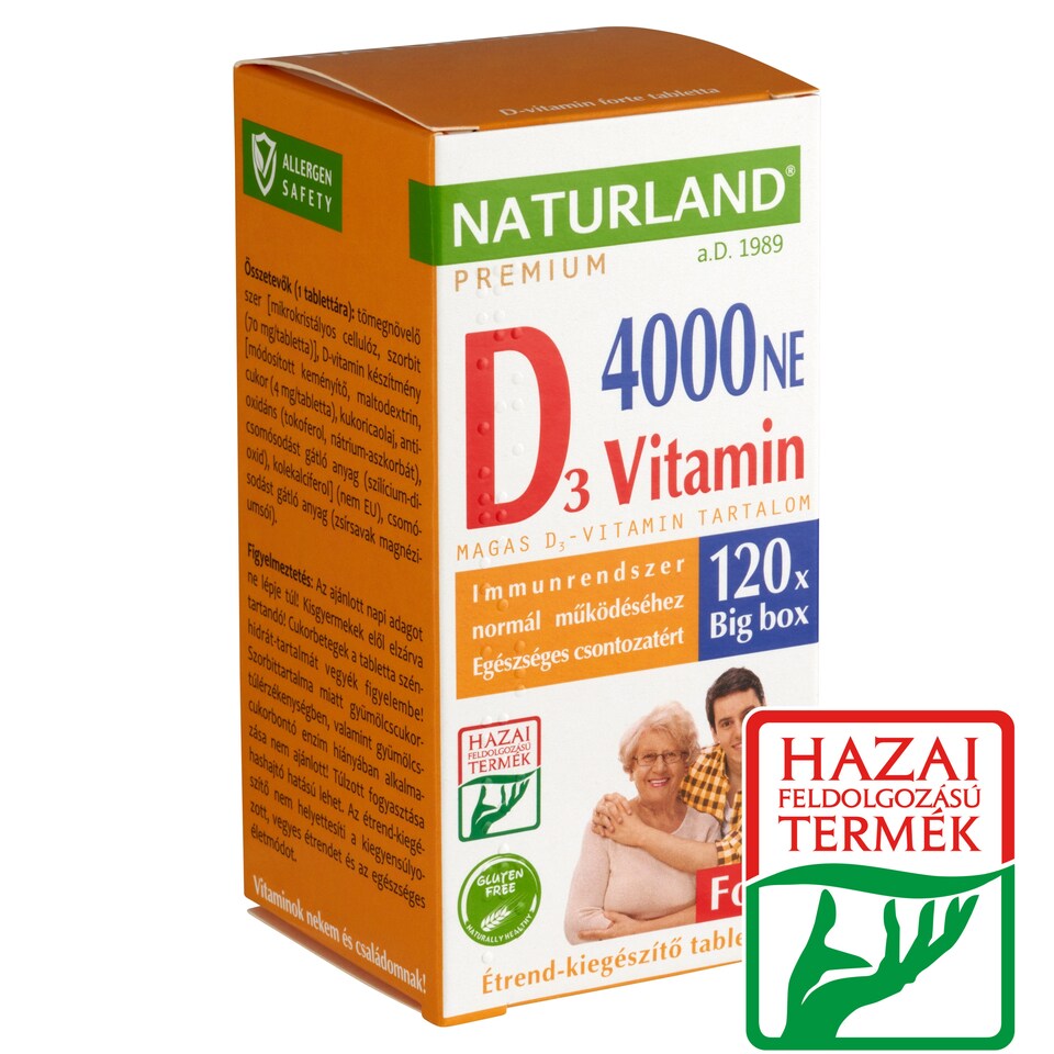 Naturland Premium D₃-vitamin 4000 NE forte étrend-kiegészítő tabletta 120 db 22,02 g