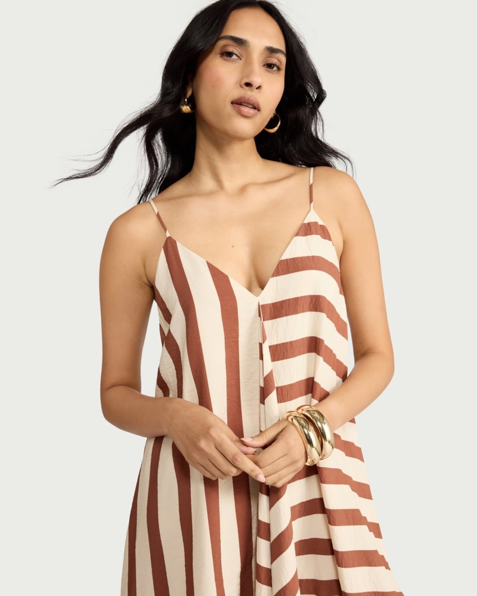 image 1 of F&F Striped Hanky Hem Maxi Dress in Multi Brown