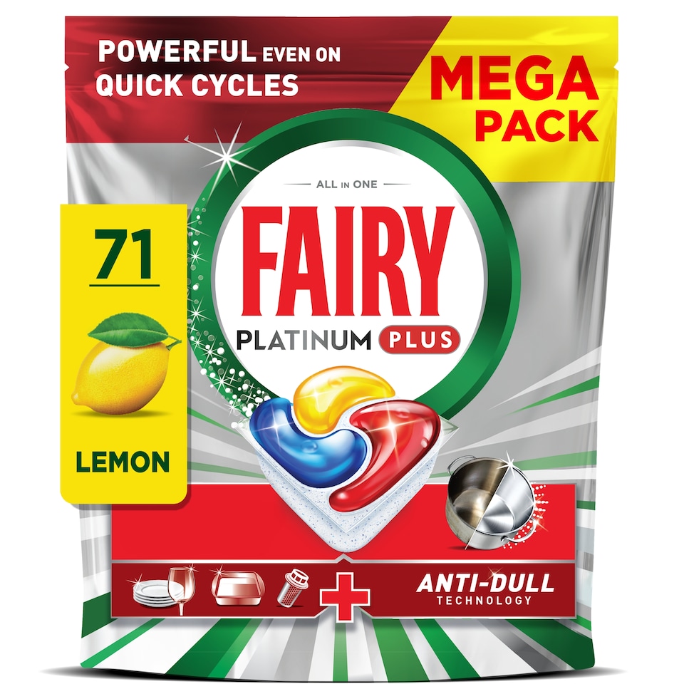 image 1 of  Fairy Platinum Plus All In One Mega Pack Lemon 71 Dishwasher Tablets 1101g
