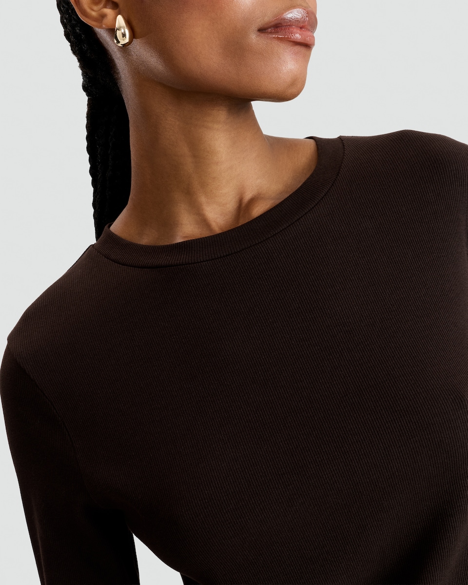 image 1 of F&F Cotton Rich Crew Neck Long Sleeved Top in Brown
