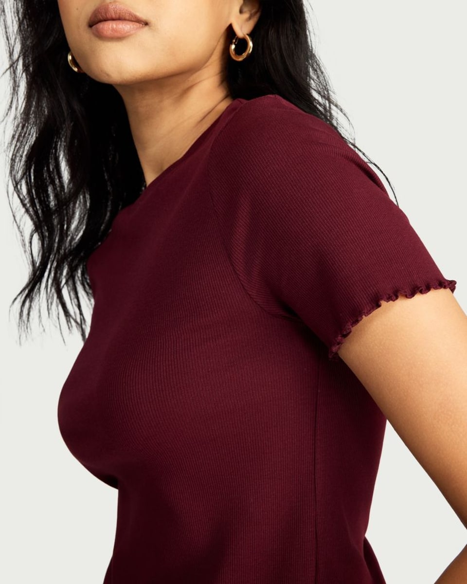 image 1 of F&F Cotton Rich Lettuce Hem T-Shirt in Burgundy