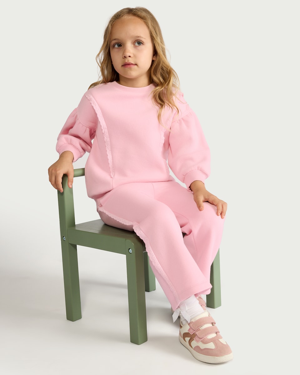 image 1 of F&F Girls 2-Piece Cotton Rich Lace Trim Sweatshirt and Joggers Set in Pink
