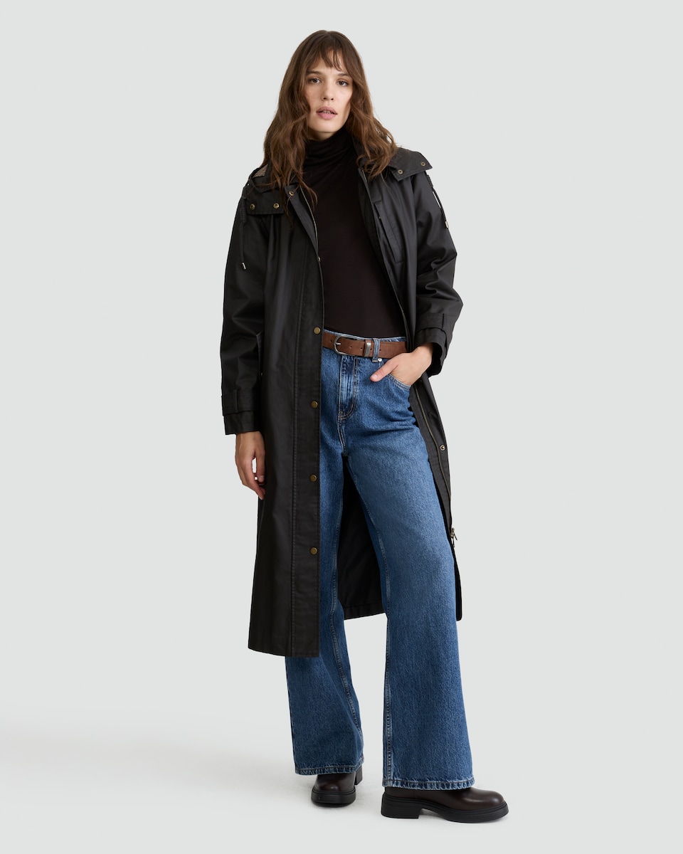 image 1 of F&F Pure Cotton Waxed Collared Longline Coat in Brown