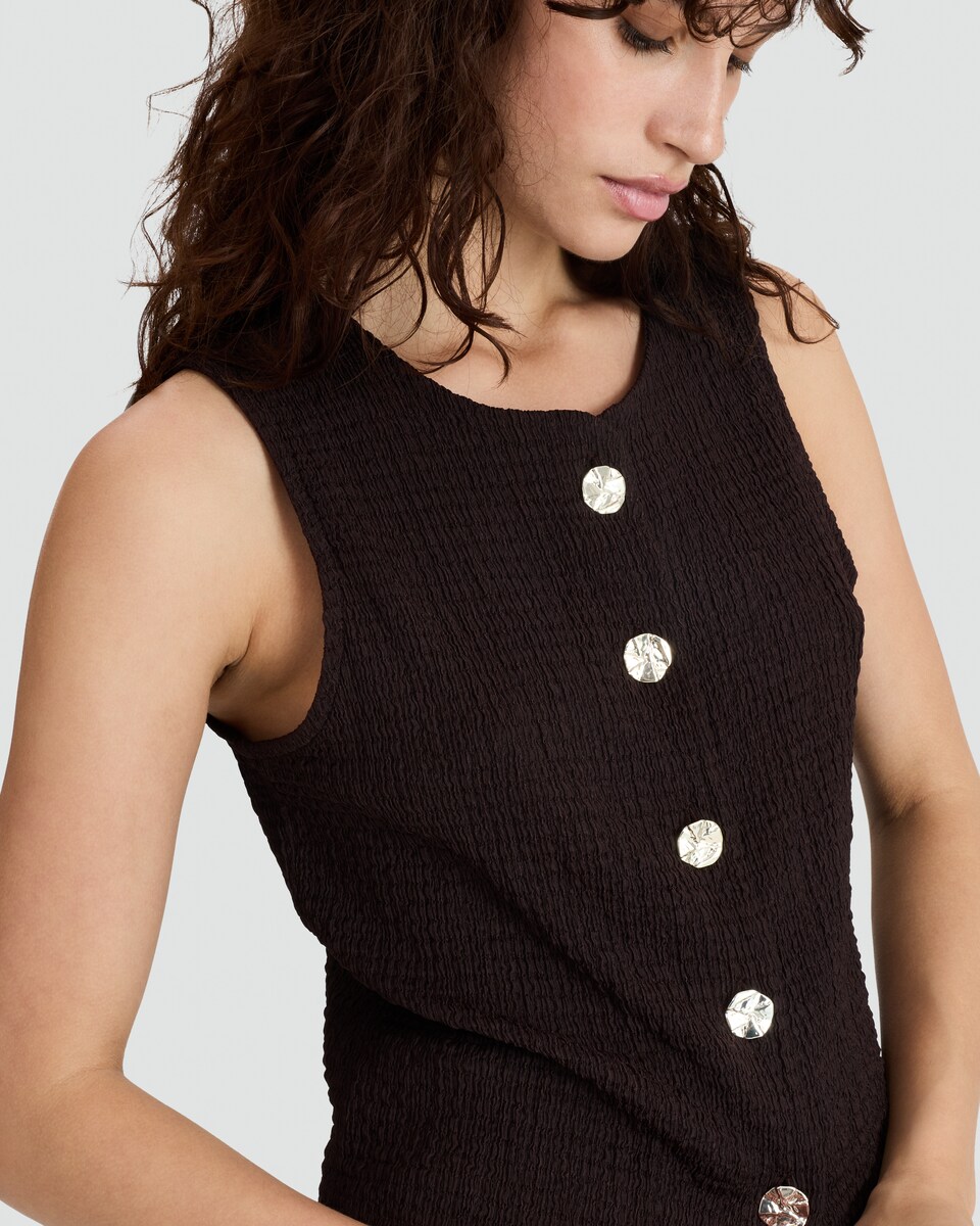 image 1 of F&F Crinkle Textured Button Front Sleeveless Co-ord Top in Brown