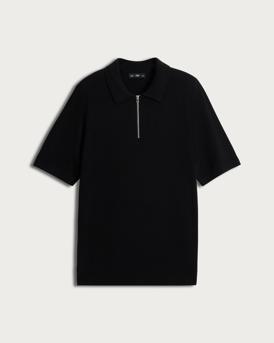 image 1 of F&F Cotton Rich Argyle Knit Polo Shirt in Black