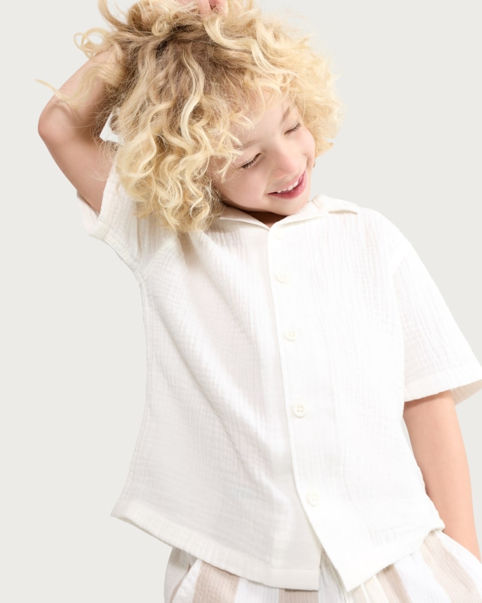 image 1 of F&F Boys 2-Piece Pure Cotton Shirt and Striped Shorts in Stone