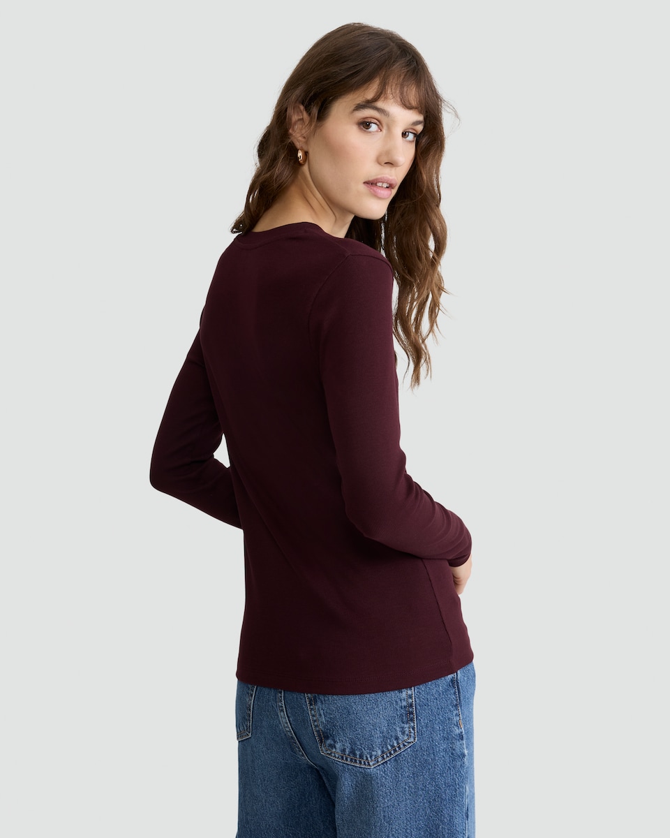 image 1 of F&F Cotton Rich Crew Neck Long Sleeved Top in Burgundy