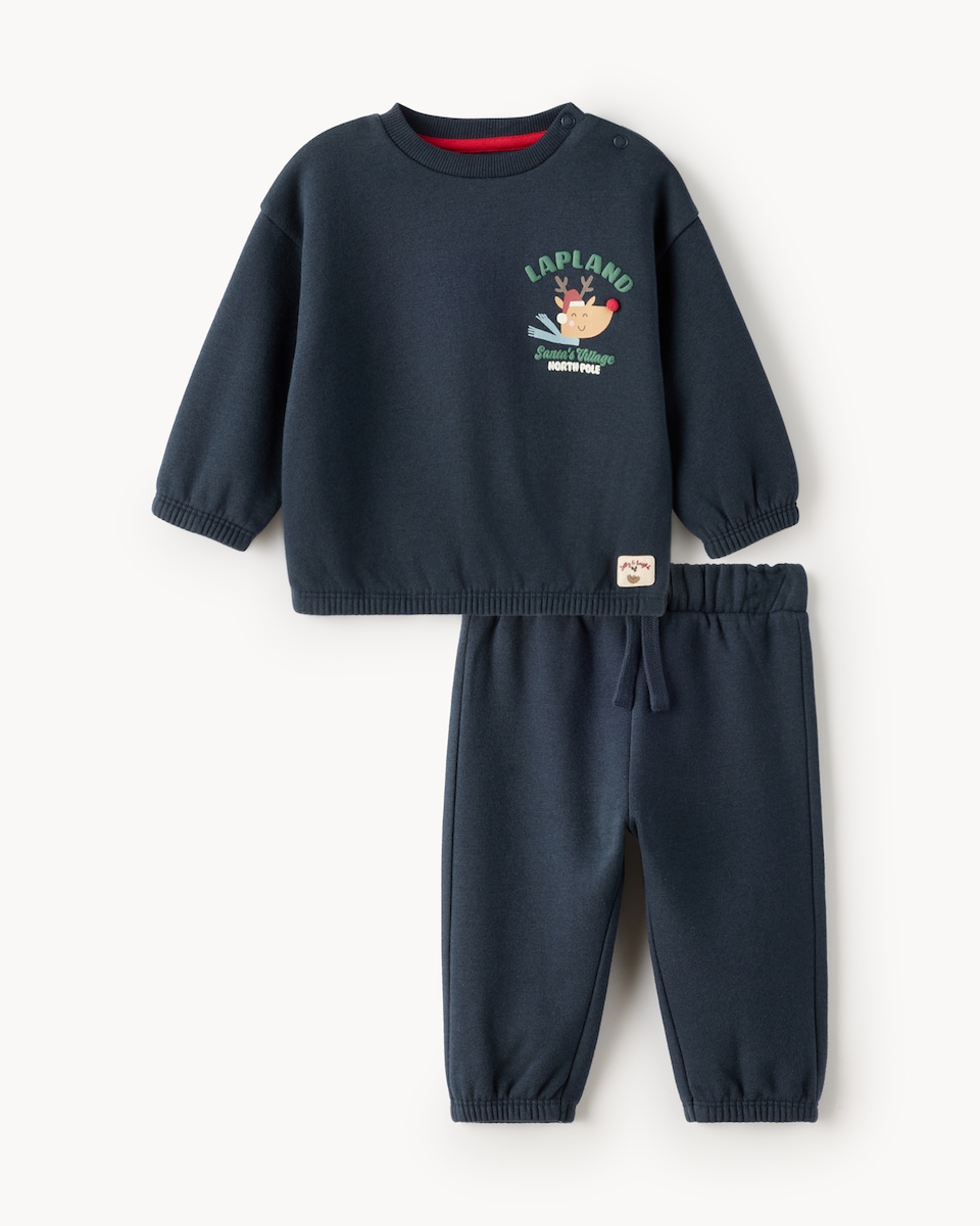 image 1 of Christmas Baby Cotton Rich Lapland Sweatshirt and Joggers Set in Navy