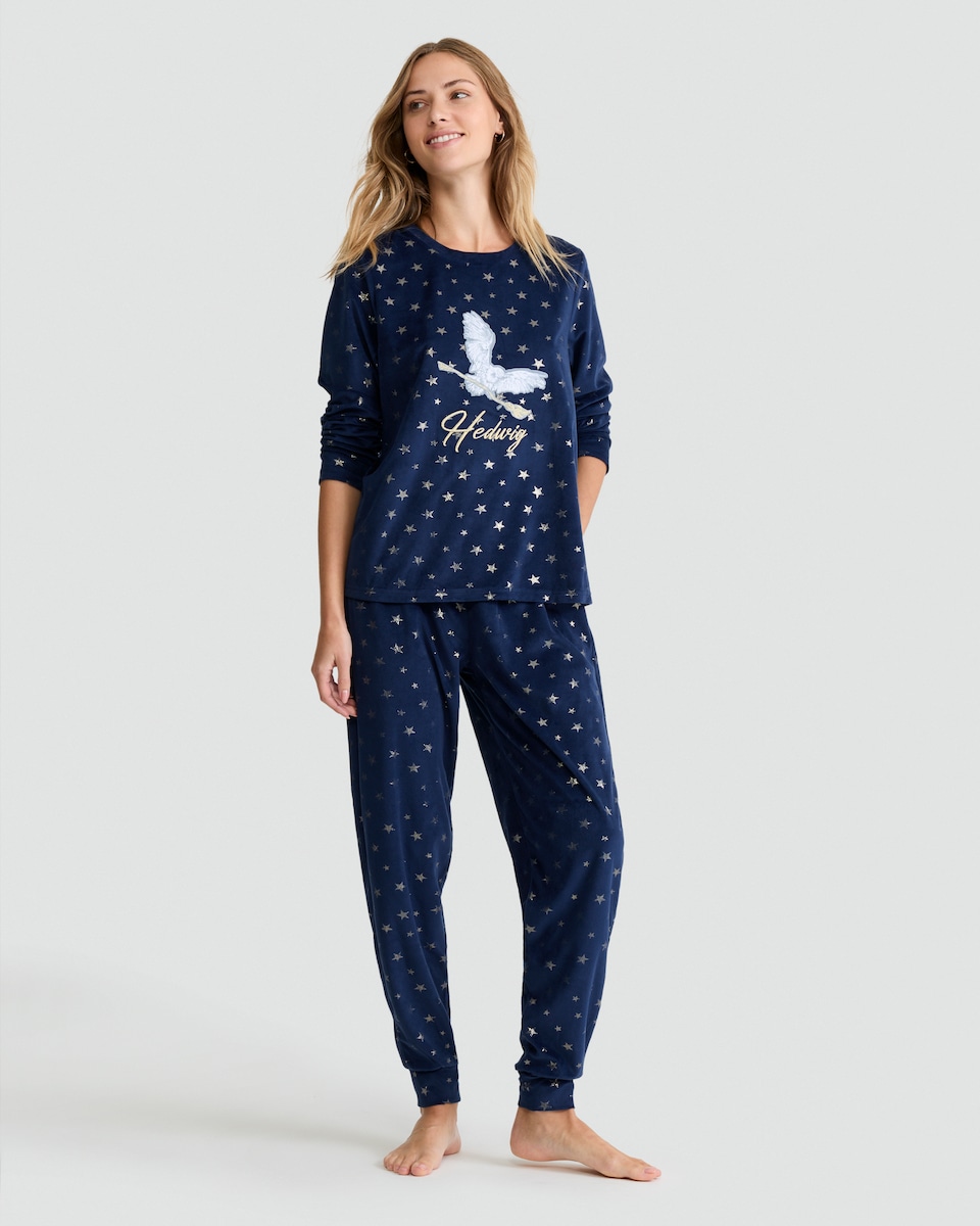 image 1 of Harry Potter Fleece Hedwig Star Print Pyjama Set in Navy