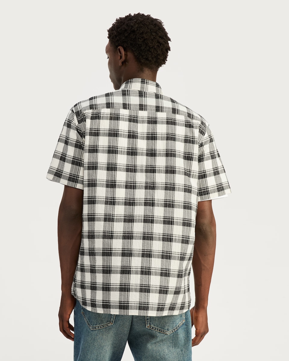 image 1 of F&F Cotton Rich Crinkle Check Print Short Sleeved Shirt in Cream