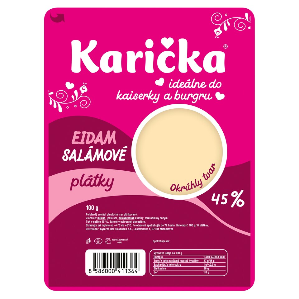 Karička Eidam 45 % salámové plátky 100 g