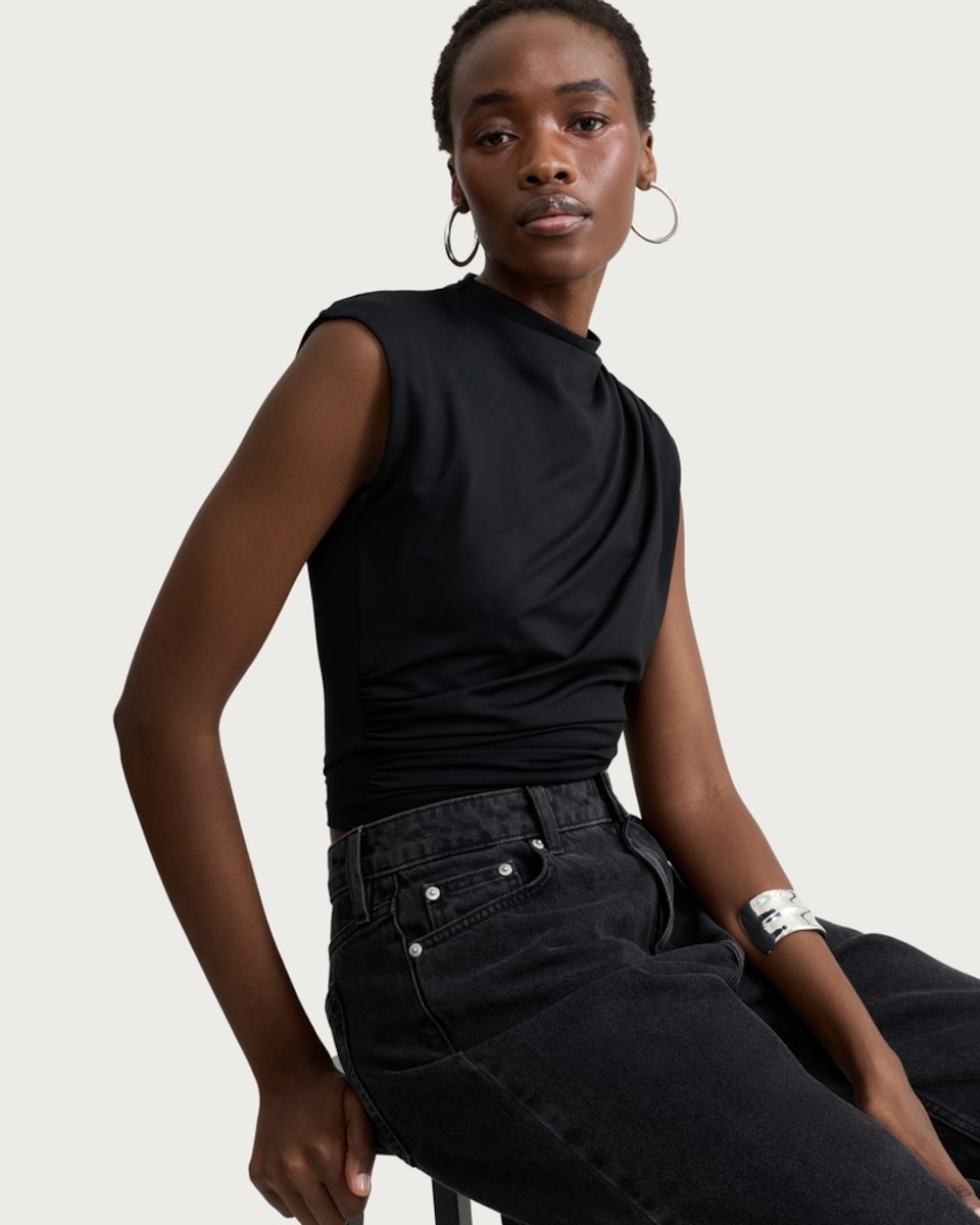 image 1 of F&F Polyamide Draped Ruched Sleeveless Top in Black