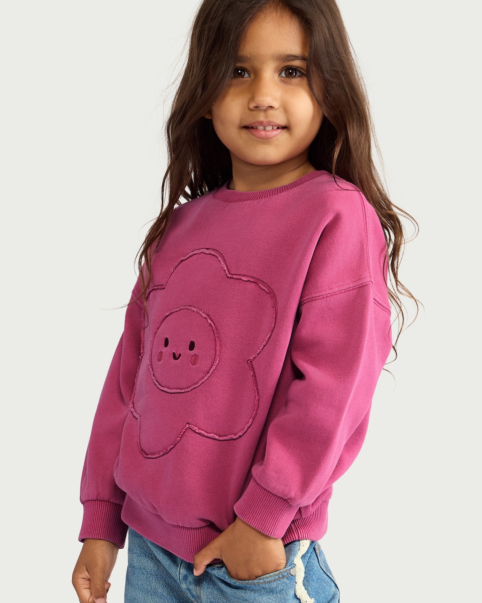 image 1 of F&F Girls Pure Cotton Flower Embroidered Sweatshirt in Pink