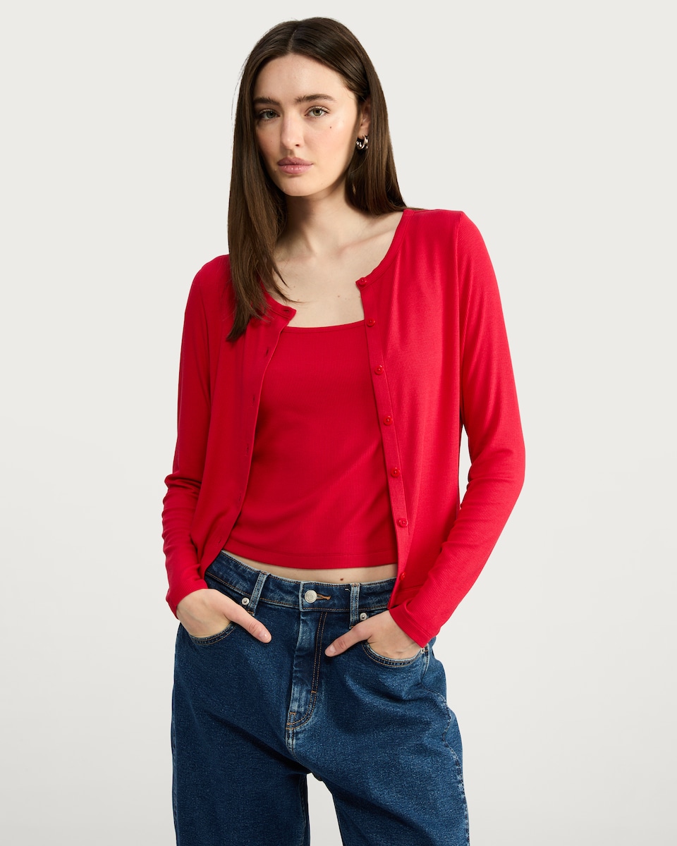 image 1 of F&F 2-Piece Ribbed Vest and Cardigan Set in Red