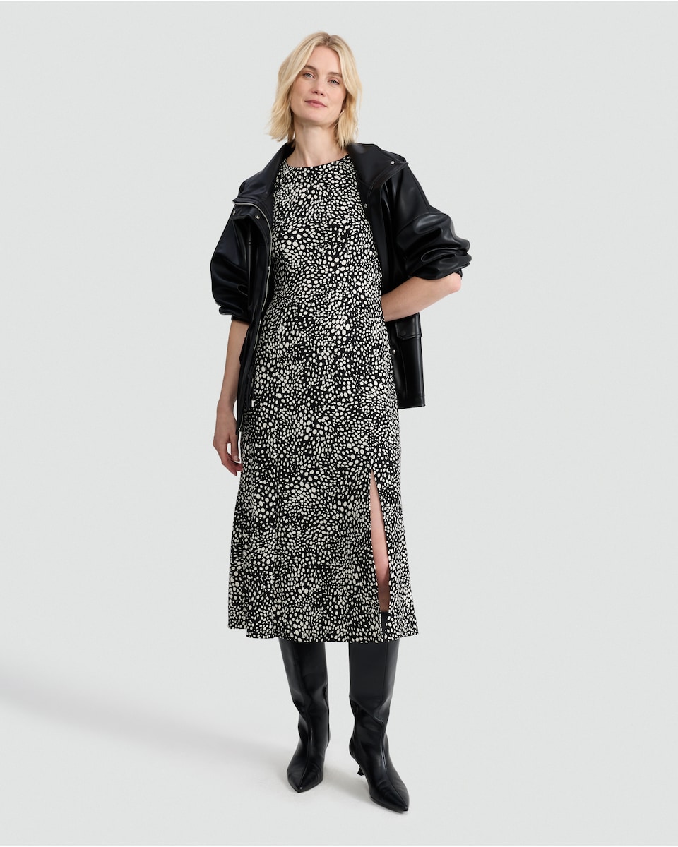 image 1 of F&F Polka Dot Puff Sleeve Midi Dress in Multi Black White