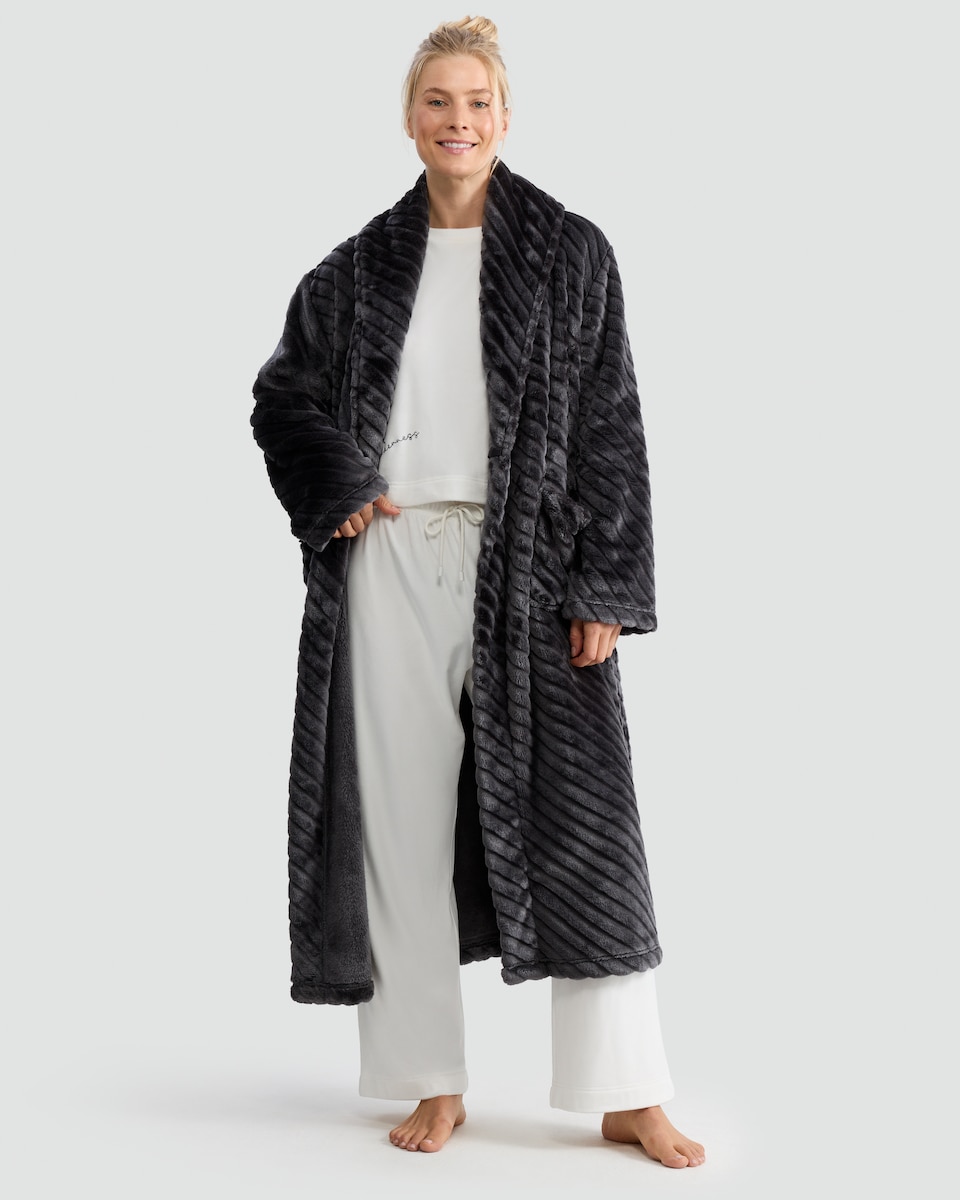 image 1 of F&F Fleece Chevron Textured Dressing Gown in Grey