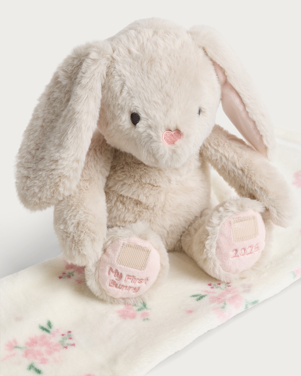 image 1 of F&F My First Bunny Plush Toy with Blanket in Pink