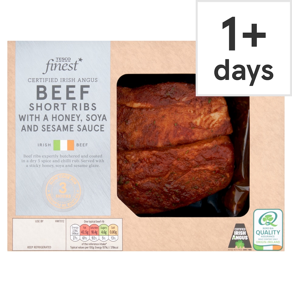 Tesco Finest Certified Irish Angus Beef Short Ribs with a Honey, Soya and Sesame Sauce 635g