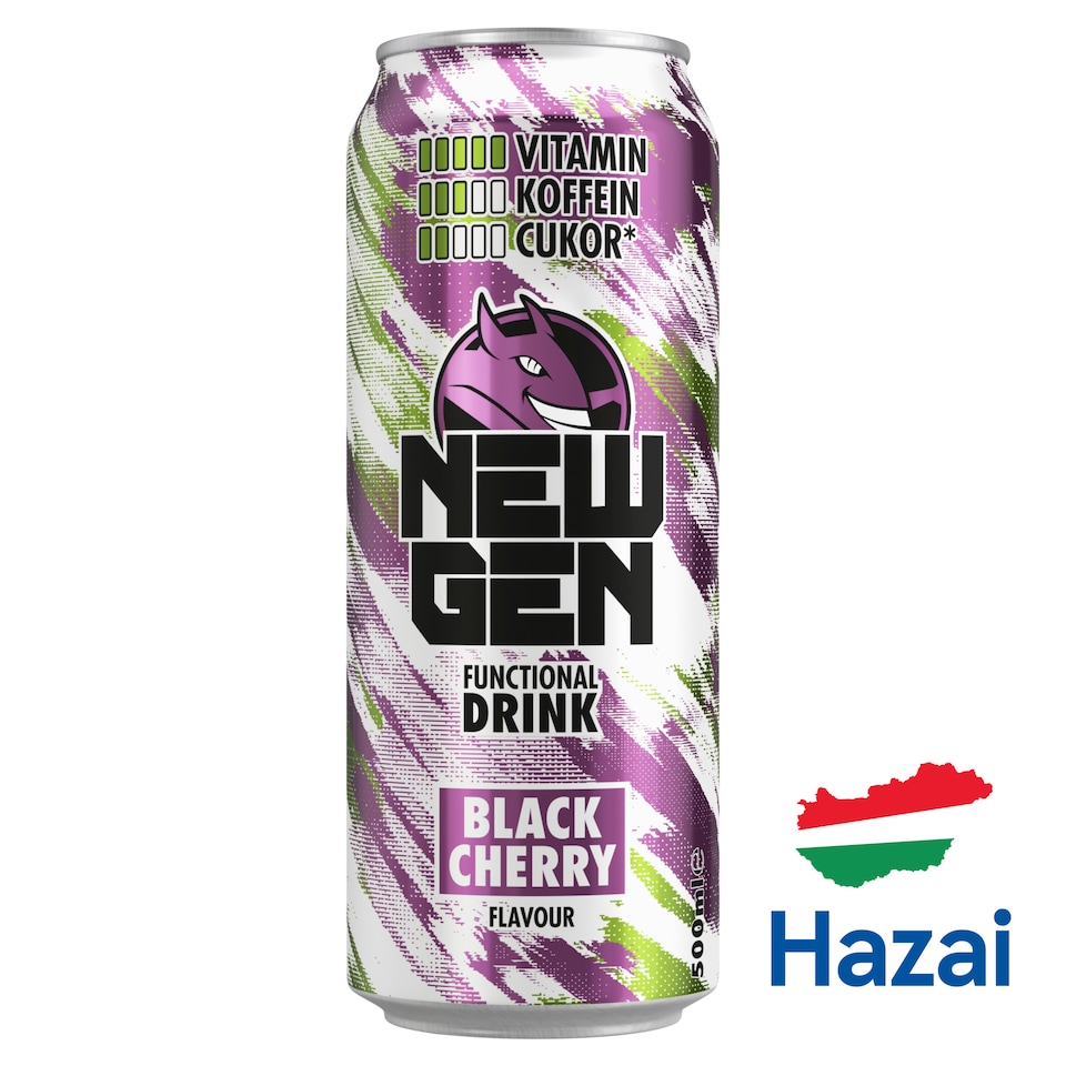 New Gen fekete cseresznye- és tuttifruttiízű, koffeintartalmú, szénsavas, alkoholmentes ital 500 ml  1. kép