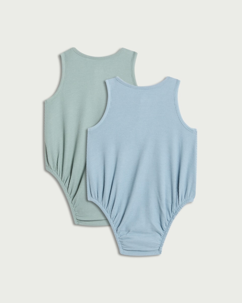 image 1 of F&F Baby 2-Pack Cotton Rich Waffle Textured Sleeveless Bodysuits in Blue