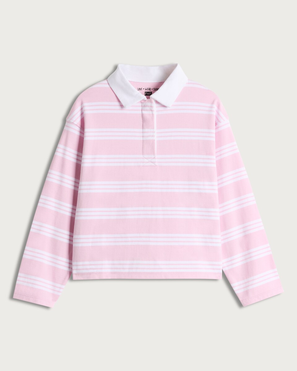image 1 of F&F Girls Pure Cotton Stripe Print Long Sleeved Rugby Shirt in Multi