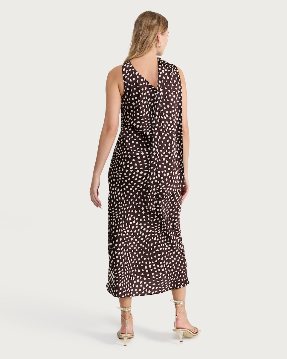 image 1 of F&F Polka Dot One-Shoulder Dress in Chocolate