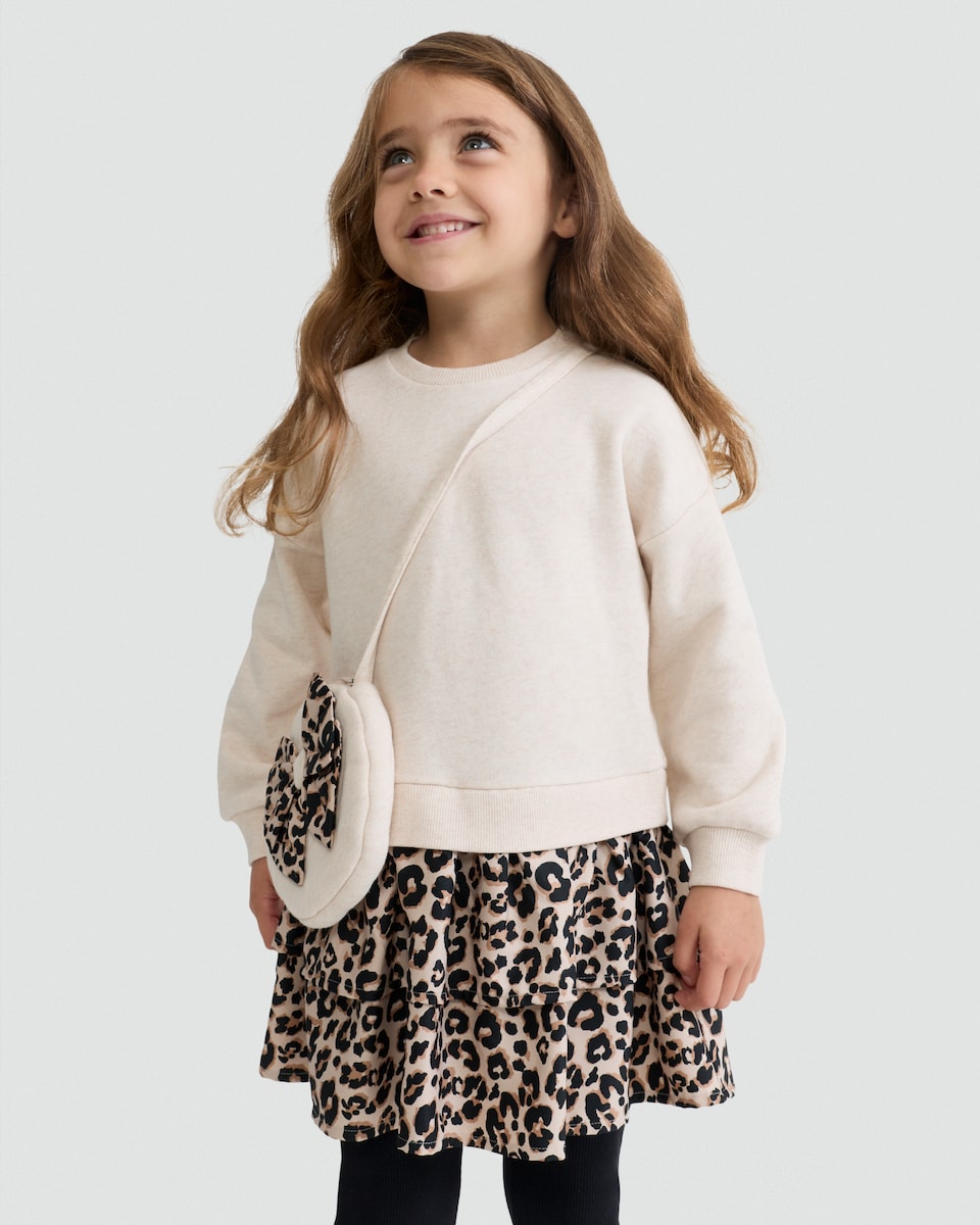 image 1 of F&F Girls 2-Piece Cotton Rich Leopard Print Twofer Dress and Bag Set in Multi Brown