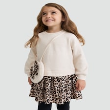 F&F Girls 2-Piece Cotton Rich Leopard Print Twofer Dress and Bag Set in Multi Brown