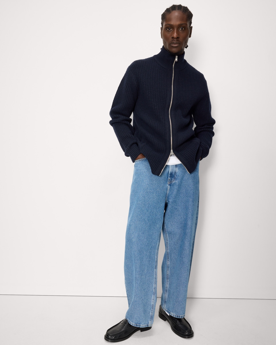 image 1 of F&F Knitted Chunky Zip Up Jumper in Navy