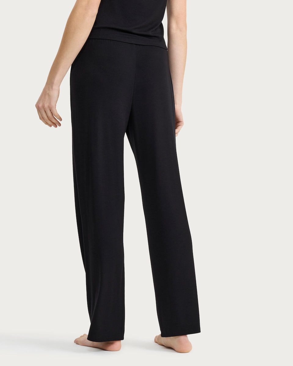 image 1 of F&F CoolEase™ Ribbed Wide Leg Drawstring Pyjama Bottoms in Black