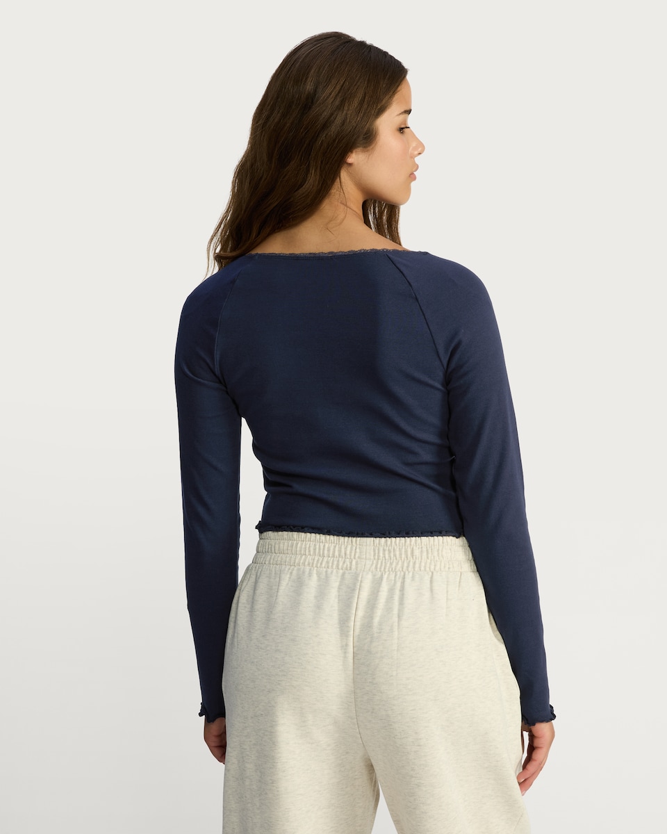 image 1 of OH ME OH MY Cotton Rich Ruched Lace Trim Top in Navy