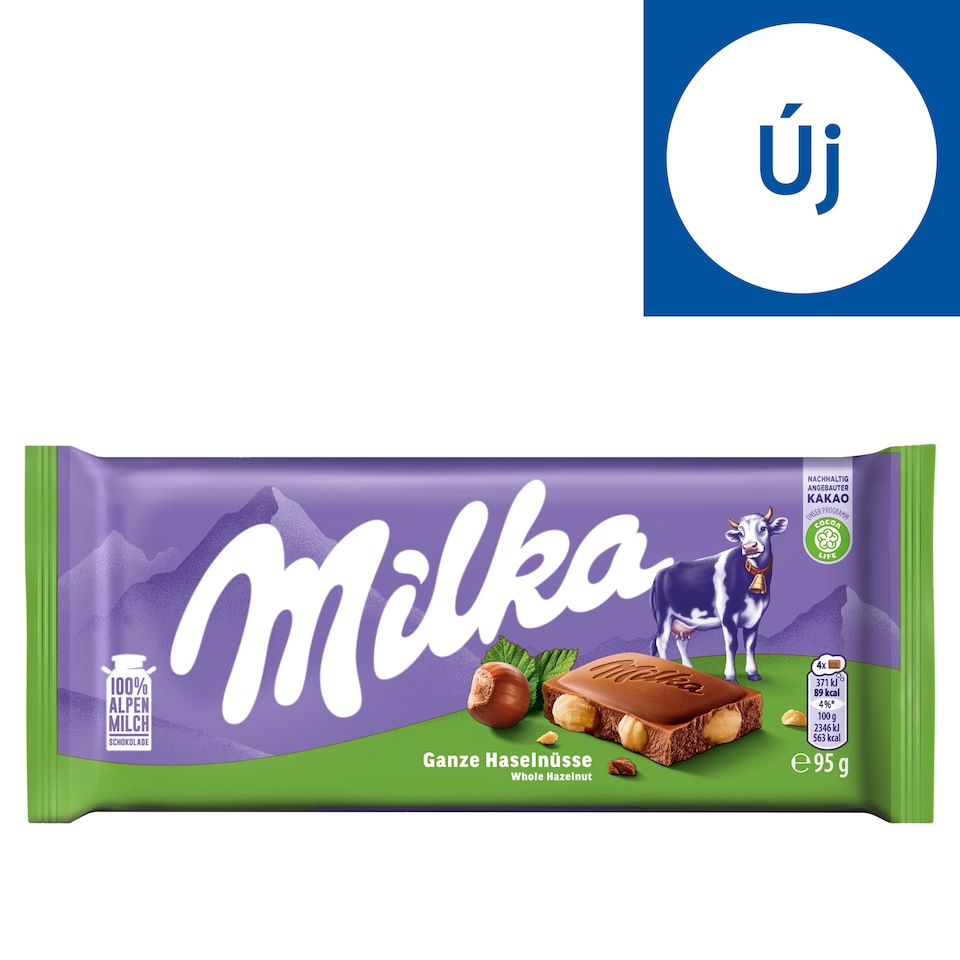 Milka alpesi tej felhasználásával készült tejcsokoládé egész mogyoróval 95 g