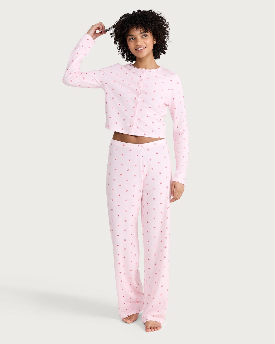 image 1 of OH ME OH MY Ribbed Heart Bow Print Pyjama Bottoms in Pink