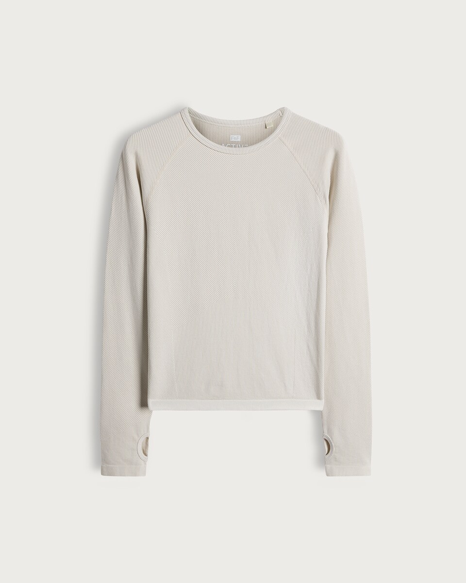 image 1 of F&F Active Seamfree Ribbed Long Sleeved Sports Top in Cream