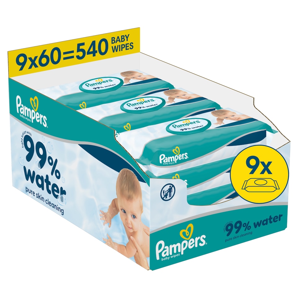image 1 of Pampers 99% Water Baby Wipes 9x 60 Wipes