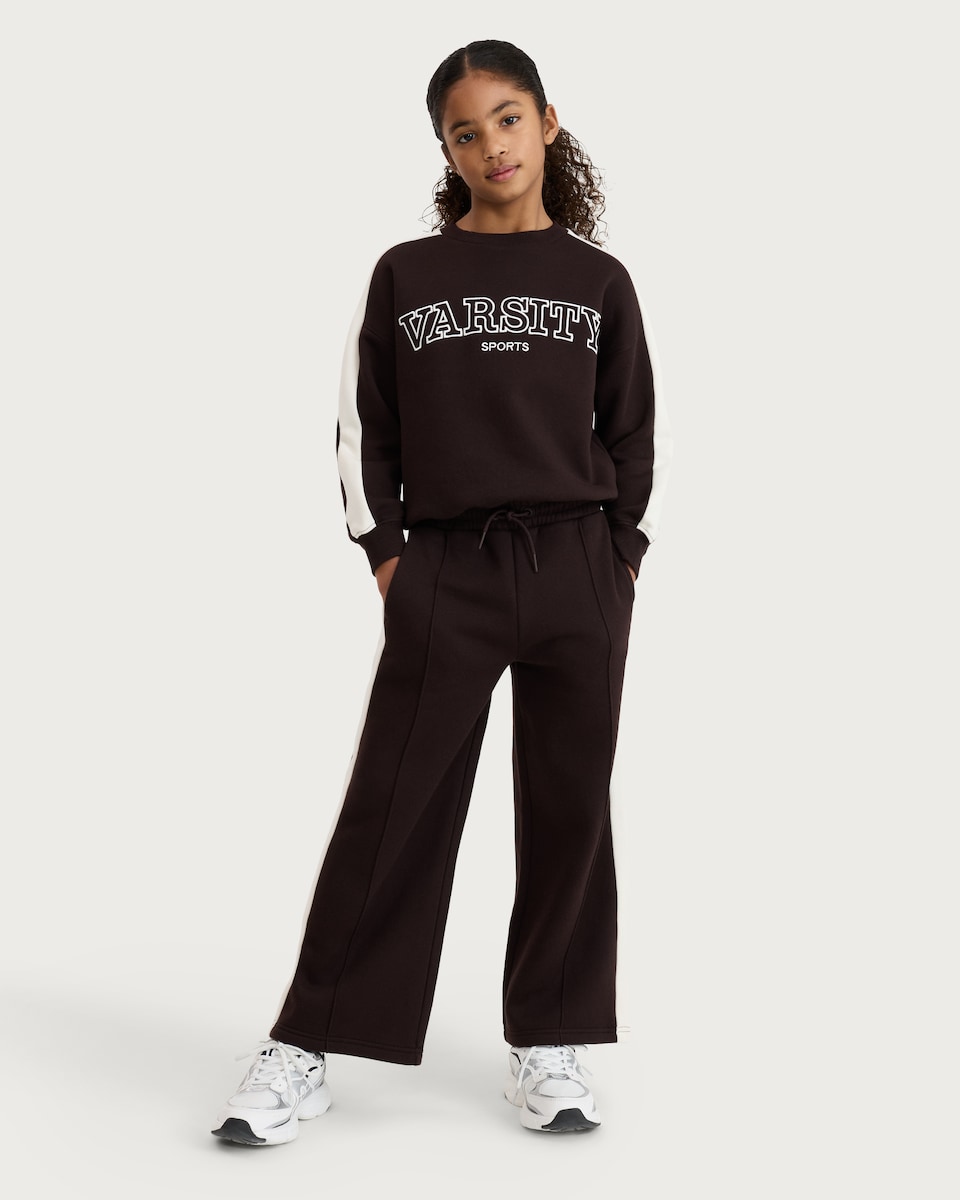 image 1 of F&F Active Girls AFTERCLASS  2-Piece Slogan Sweatshirt and Joggers Set in Brown
