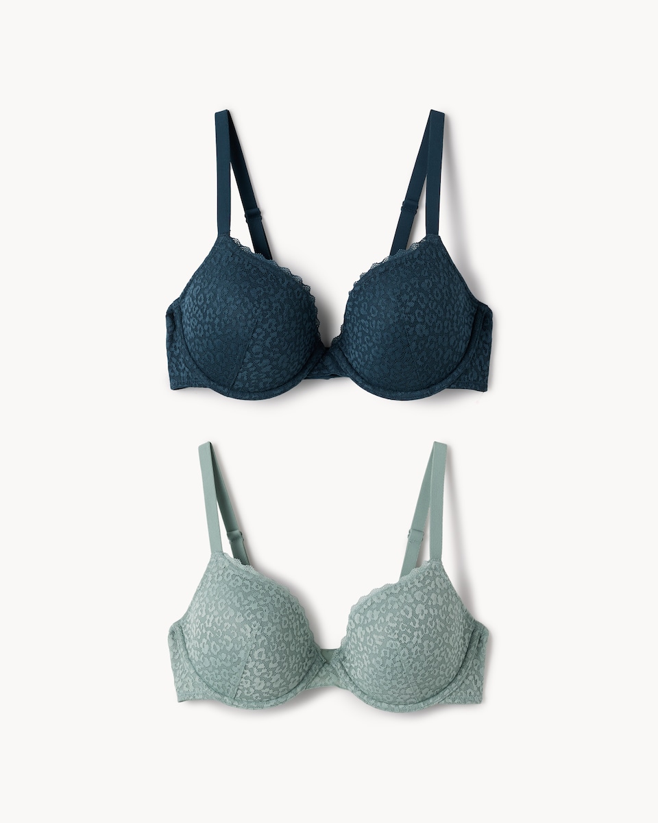 image 1 of F&F 2-Pack Leopard Lace Wired T-Shirt Bras in Green