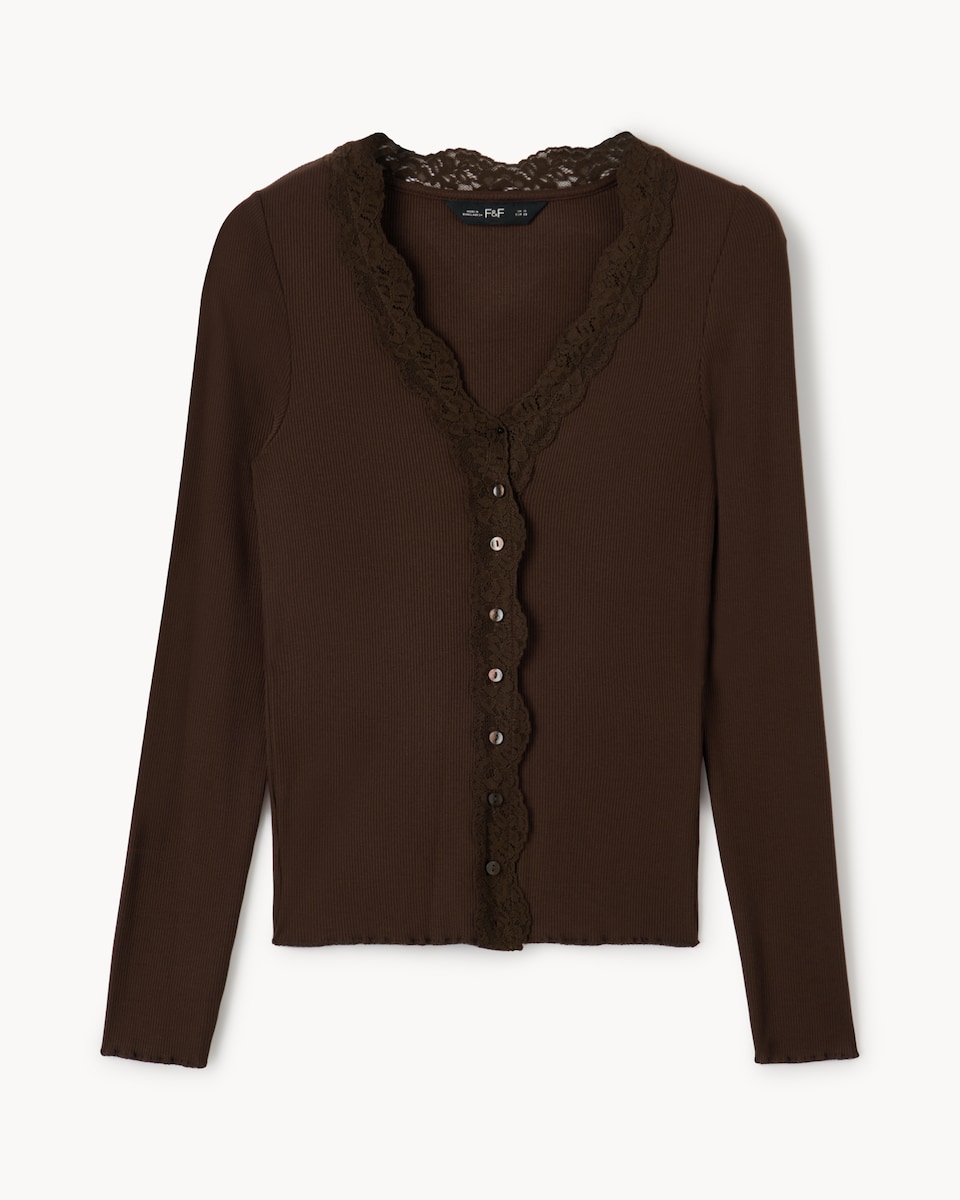 image 1 of F&F Lace Trim Button Up Top in Brown