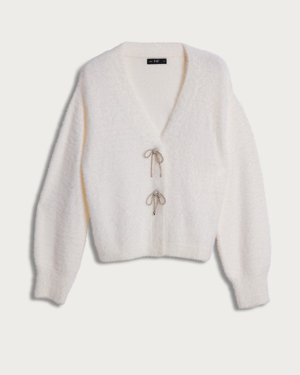 image 1 of F&F Textured Diamanté Bow Cardigan in Cream