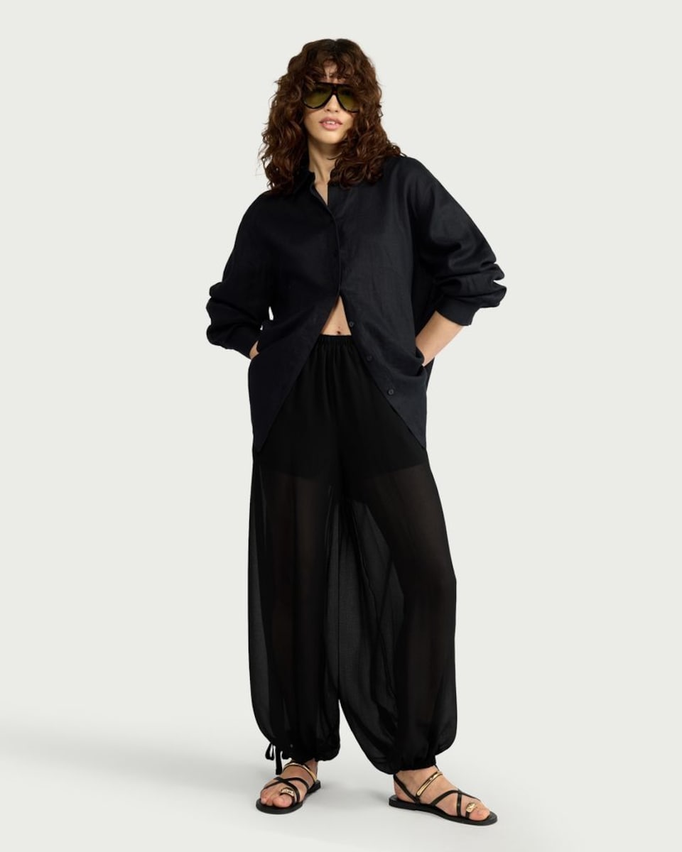 image 1 of F&F Sheer Balloon Leg Trousers in Black