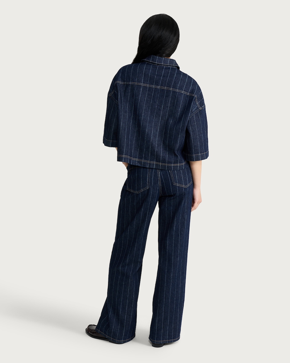 image 1 of F&F Cotton Rich Stripe Print Cropped Co-ord Shirt in Navy