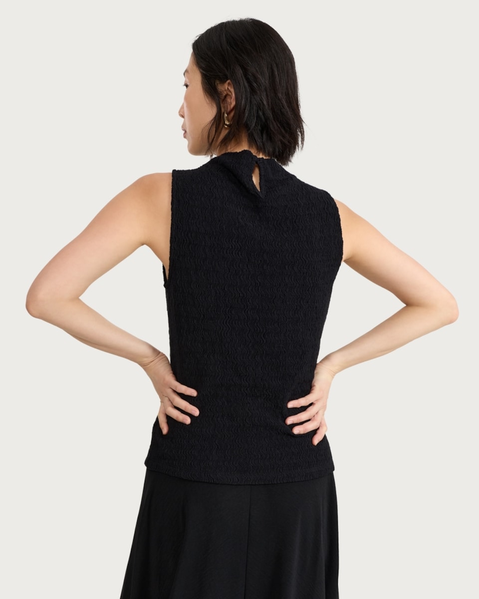 image 1 of F&F Cotton Rich Crinkle Textured High Neck Sleeveless Top in Black