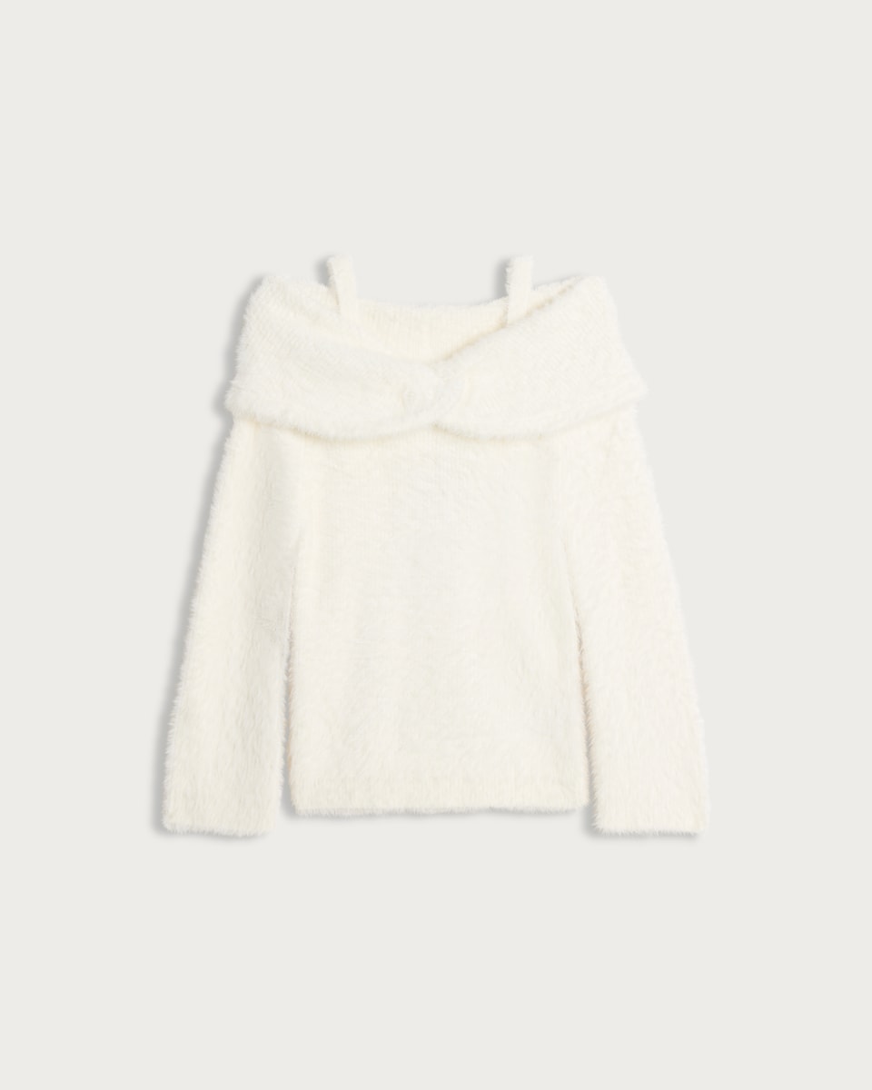 image 1 of F&F Girls Off-Shoulder Fluffy Jumper in Cream