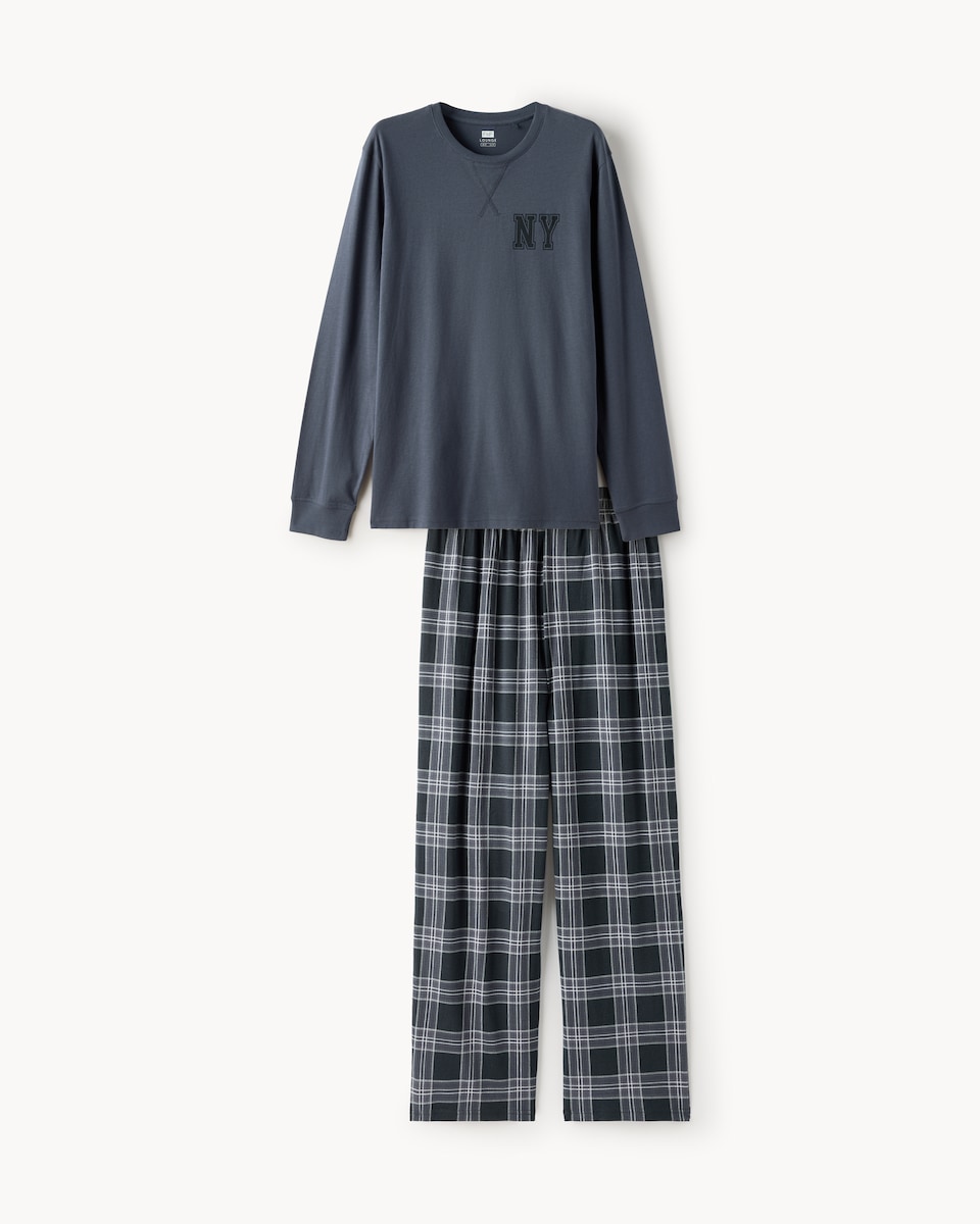 image 1 of F&F Pure Cotton Top and Check Bottoms Pyjama Set in Blue