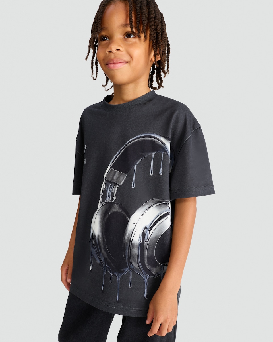 image 1 of F&F Boys Pure Cotton Dripping Headphones Oversized T-Shirt in Grey