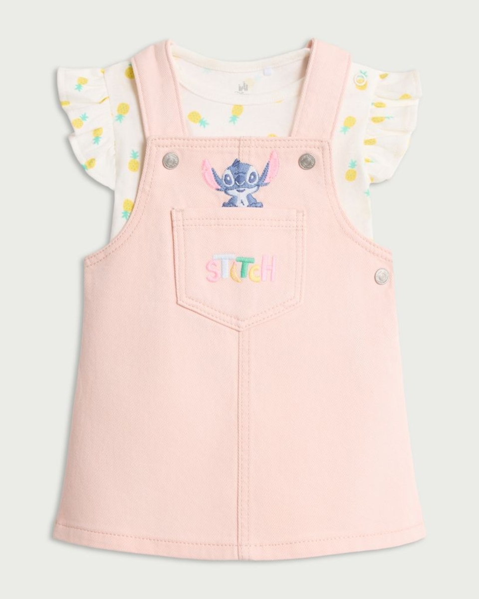 image 1 of Disney Stitch 2-Piece Pure Cotton Pinafore and Bodysuit Set in Pink