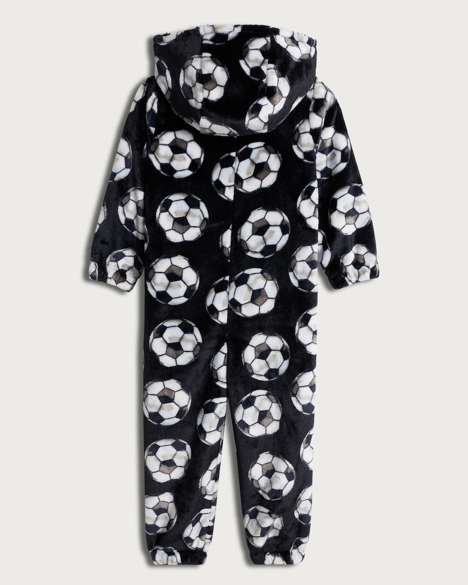 image 1 of F&F Boys Fleece Football Print Hooded Onesie in Black