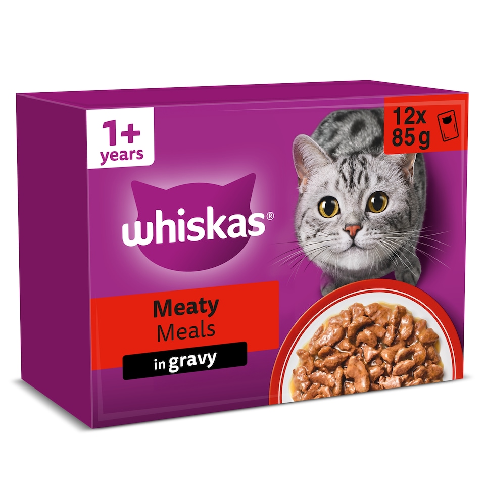image 1 of Whiskas Adult Wet Cat Food Pouches Meaty Meals in Gravy 12x85g
