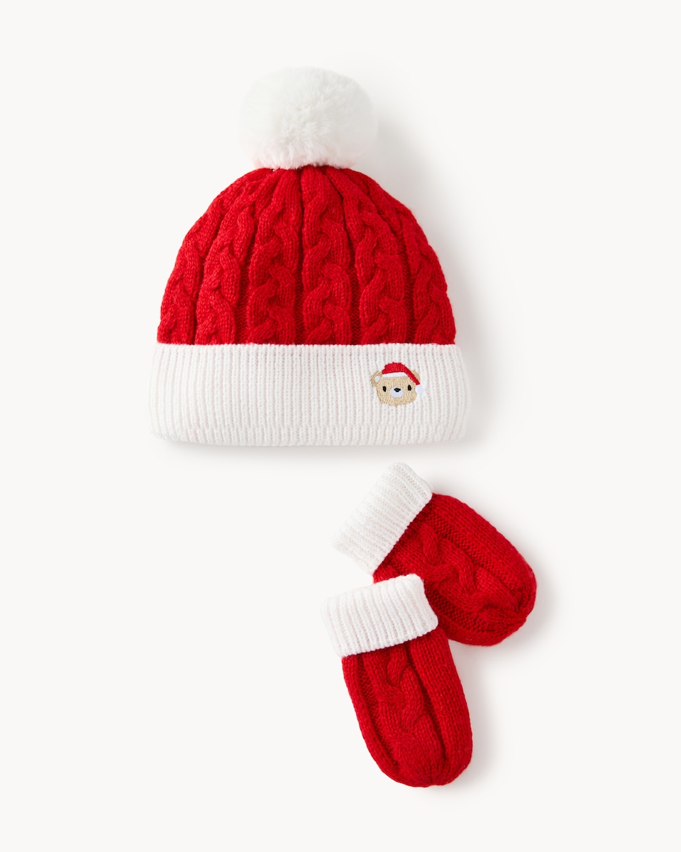 image 1 of Christmas Baby Cable Knitted Hat and Mittens Set in Red
