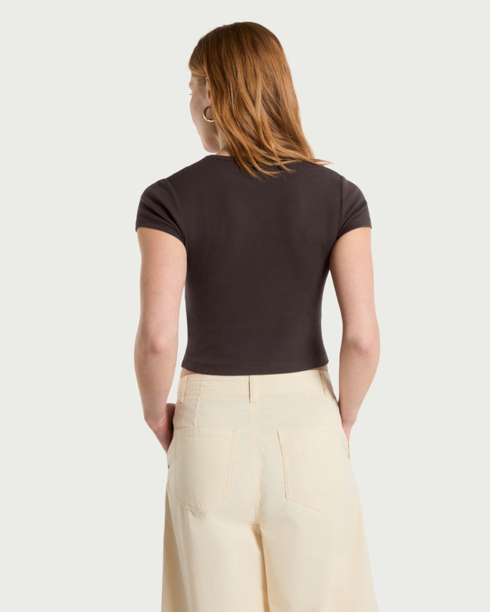 image 1 of F&F Cotton Rich California West Coast Slogan Cropped T-Shirt in Brown